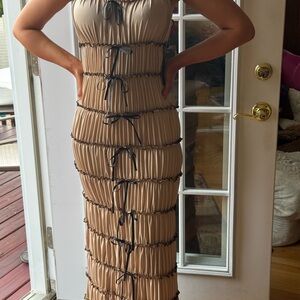 Elegant Tan Dress with Black Accents